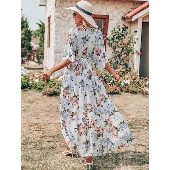 NEW White Floral 3/4 sleeve Maxi Dress L - Picture 2 of 5